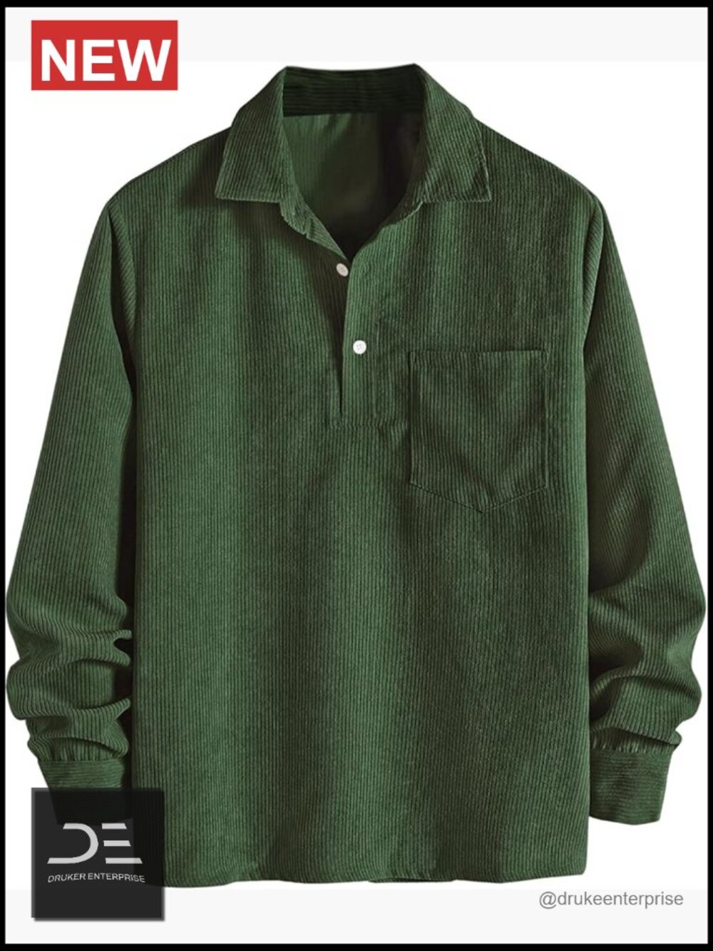 Corduroy Pullover Long Sleeve Polo Shirt With Pocket Half Button Up